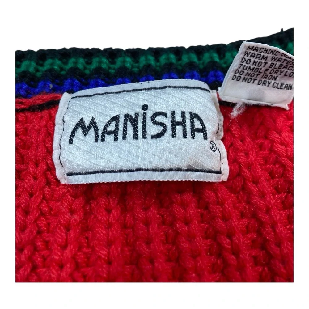 Vintage Manisha Knit Sweater Vest M Red Blue Green Black Striped Acrylic 80s/90s